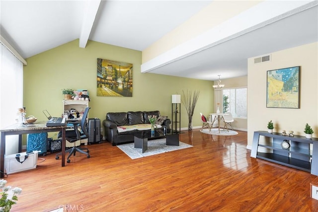 living area with visible vents, lofted ceiling with beams, baseboards, and wood finished floors