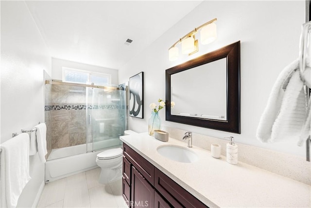 full bath with toilet, enclosed tub / shower combo, visible vents, and vanity