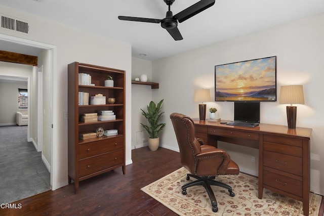 office featuring ceiling fan, baseboards, wood finished floors, and visible vents