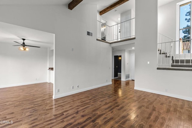 unfurnished living room with ceiling fan, high vaulted ceiling, stairs, visible vents, and wood finished floors