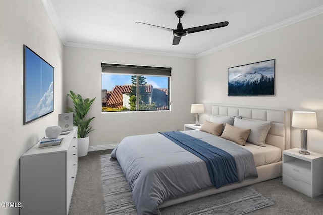carpeted bedroom featuring crown molding, ceiling fan, and baseboards