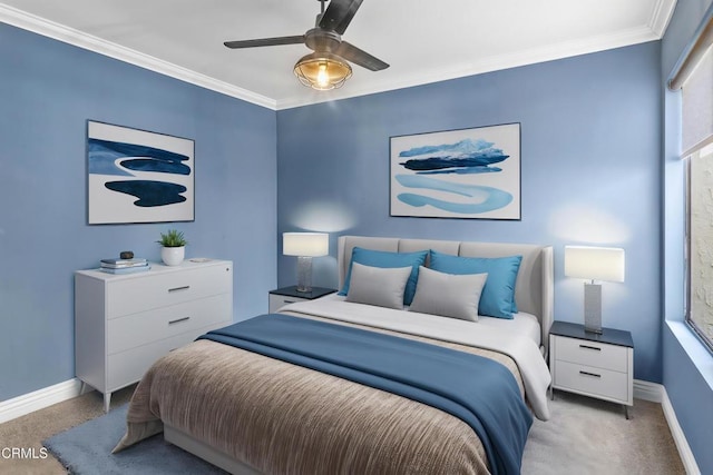 bedroom with baseboards, ornamental molding, and ceiling fan