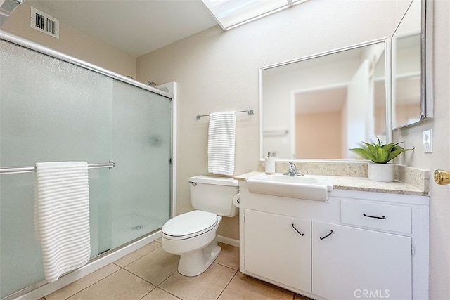 full bathroom with tile patterned flooring, a shower stall, toilet, vanity, and visible vents