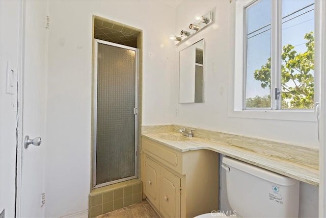 bathroom with vanity, toilet, and a stall shower