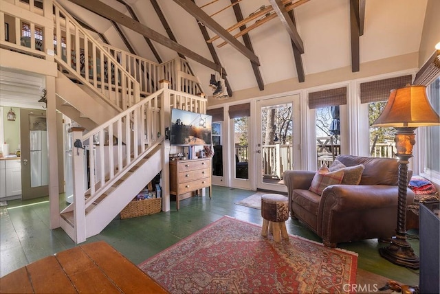32950 Canyon Dr, Green Valley Lake, CA 92341 - living room with high vaulted ceiling, stairway, beam ceiling, and wood finished floors