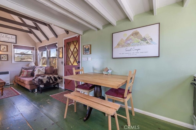 32950 Canyon Dr, Green Valley Lake, CA 92341 - dining room with lofted ceiling with beams, radiator, hardwood / wood-style floors, and baseboards