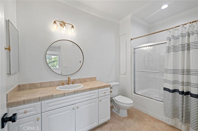 bathroom featuring shower / bath combo, tile patterned floors, vanity, toilet, and ornamental molding