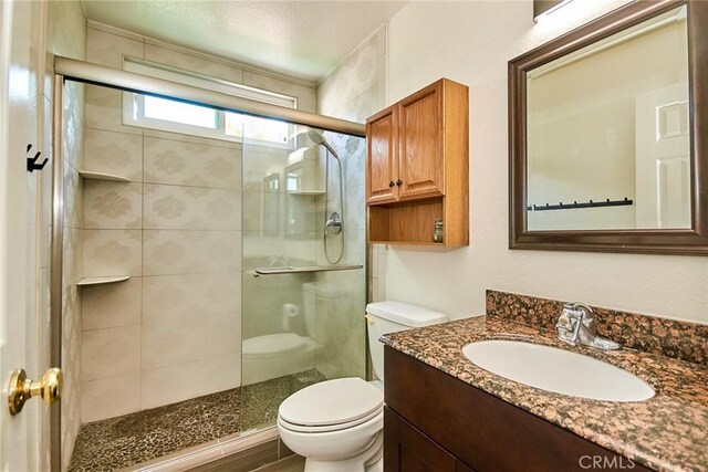 full bathroom with vanity, toilet, and a shower stall