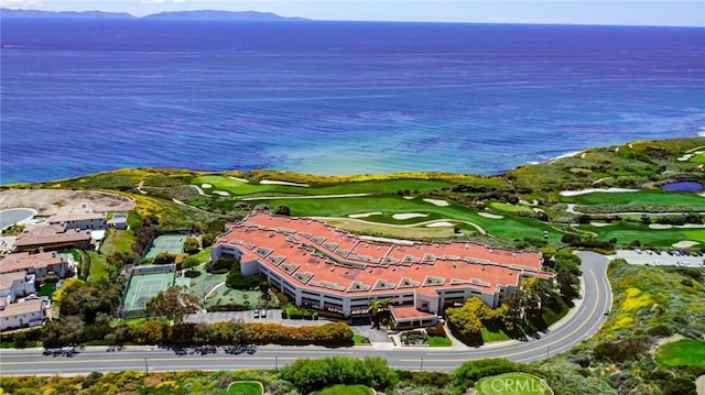 drone / aerial view featuring a water and mountain view and golf course view