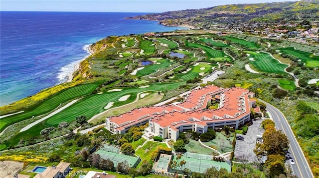 aerial view featuring a water view and view of golf course
