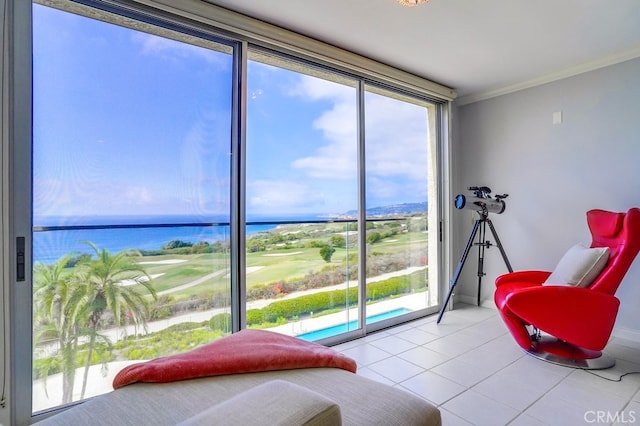 sitting room featuring tile patterned flooring, a water view, crown molding, and a wealth of natural light