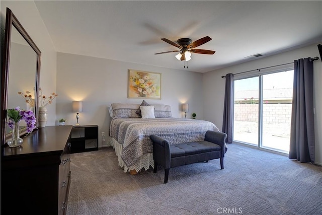 bedroom with visible vents, ceiling fan, access to outside, and carpet flooring