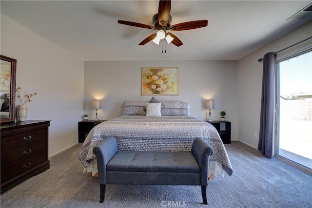 carpeted bedroom featuring visible vents, a ceiling fan, access to outside, and baseboards