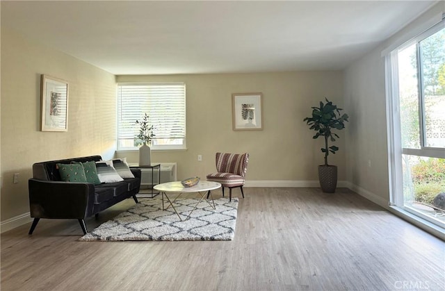 living area featuring wood finished floors and baseboards