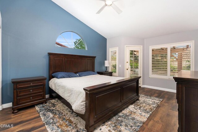 1144 Oriole Cir, Fillmore, CA 93015 - bedroom with access to exterior, dark wood-type flooring, a ceiling fan, and high vaulted ceiling