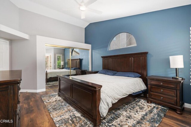 1144 Oriole Cir, Fillmore, CA 93015 - bedroom with dark wood finished floors, high vaulted ceiling, a closet, and ceiling fan