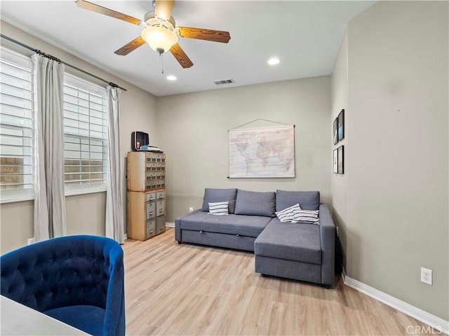 22458 Plantation Ct, Saugus, CA 91350 - living area featuring a ceiling fan, recessed lighting, baseboards, visible vents, and wood finished floors