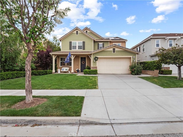 22458 Plantation Ct, Saugus, CA 91350 - view of front facade featuring driveway, an attached garage, a front yard, a porch, and roof mounted solar panels
