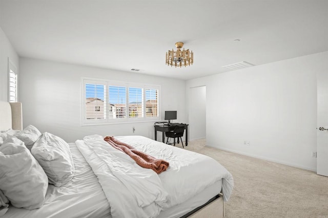 835 Orangedale Ave, Redlands, CA 92374 - bedroom with an inviting chandelier, visible vents, light colored carpet, and baseboards