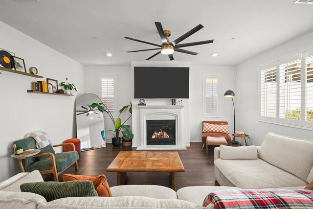 835 Orangedale Ave, Redlands, CA 92374 - living area featuring recessed lighting, a ceiling fan, wood finished floors, and a glass covered fireplace