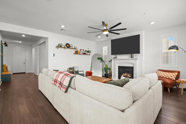 835 Orangedale Ave, Redlands, CA 92374 - living room featuring a glass covered fireplace, a ceiling fan, recessed lighting, and dark wood finished floors