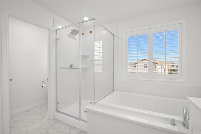 835 Orangedale Ave, Redlands, CA 92374 - bathroom with marble finish floor, a shower stall, a bath, and plenty of natural light