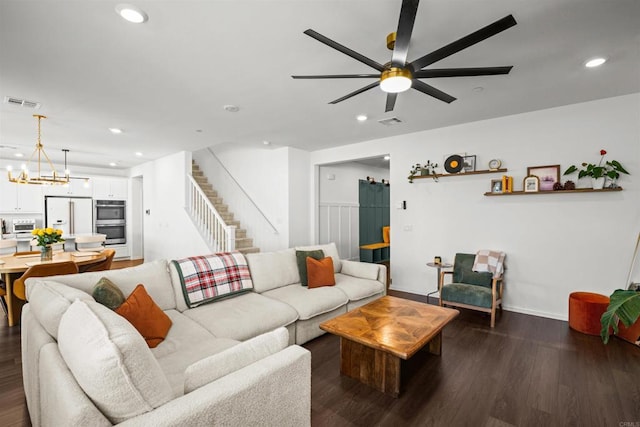 835 Orangedale Ave, Redlands, CA 92374 - living area with recessed lighting, stairs, ceiling fan with notable chandelier, dark wood-style flooring, and visible vents