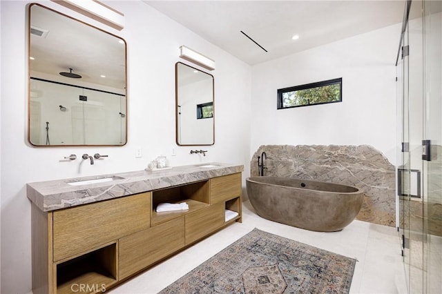 482 Costa Mesa St, Costa Mesa, CA 92627 - full bathroom featuring a stall shower, double vanity, a freestanding bath, and recessed lighting