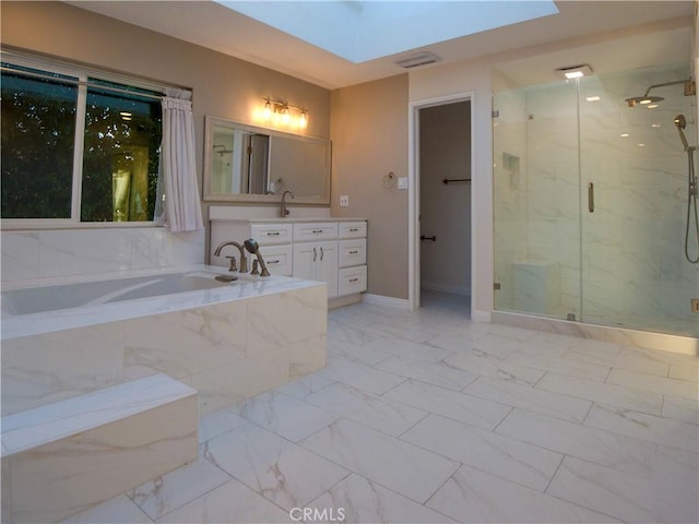 1446 Via Castilla, Palos Verdes Estates, CA 90274 - full bath featuring a marble finish shower, a garden tub, vanity, a skylight, and marble finish floors