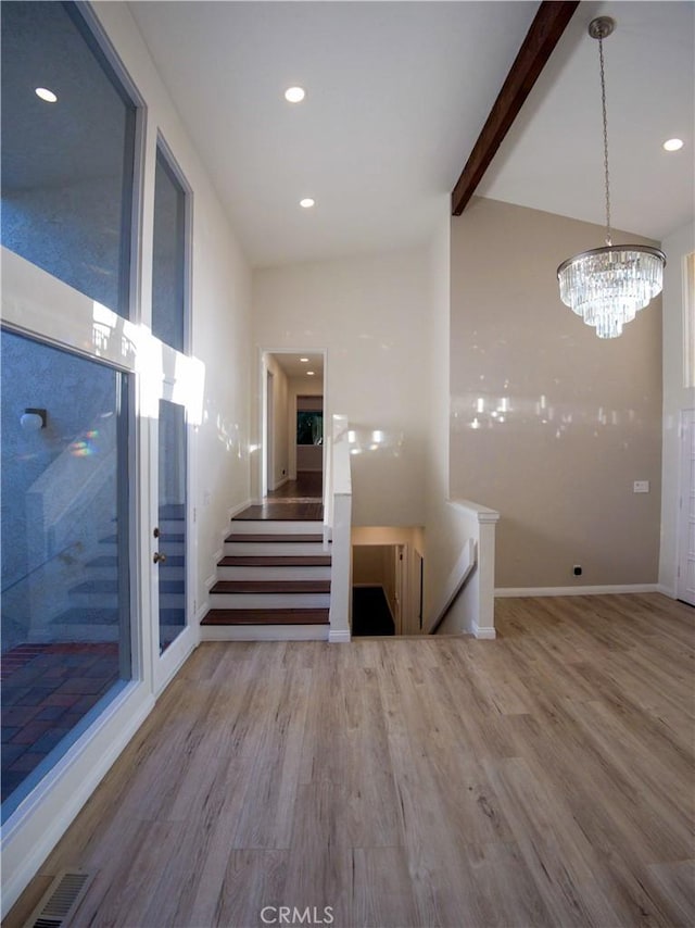 1446 Via Castilla, Palos Verdes Estates, CA 90274 - stairway featuring wood finished floors, a chandelier, beam ceiling, baseboards, and recessed lighting