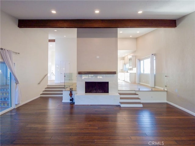 1446 Via Castilla, Palos Verdes Estates, CA 90274 - unfurnished living room featuring beamed ceiling, a premium fireplace, wood-type flooring, stairway, and baseboards