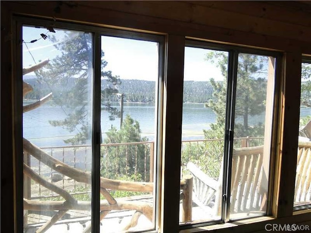 doorway to outside with a wealth of natural light and a water view
