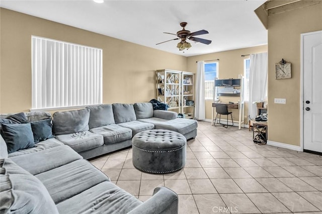 1781 Terrace Ave, Colton, CA 92324 - living room with baseboards, light tile patterned floors, and ceiling fan