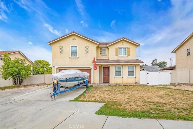 1781 Terrace Ave, Colton, CA 92324 - traditional-style house featuring driveway, a gate, a tiled roof, an attached garage, and fence