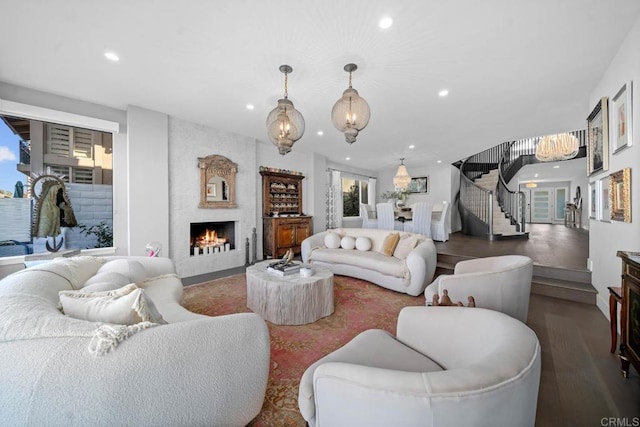 14 Buccaneer Way, Coronado, CA 92118 - living room with recessed lighting, an inviting chandelier, stairs, and a fireplace