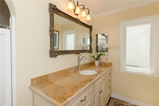 full bath featuring vanity and ornamental molding