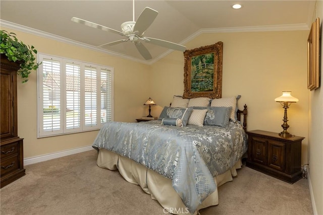 bedroom featuring baseboards, ornamental molding, a ceiling fan, and light carpet