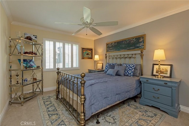 bedroom featuring baseboards, ornamental molding, and light carpet
