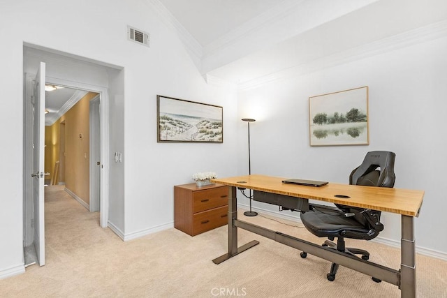 office area with visible vents, ornamental molding, baseboards, and light colored carpet