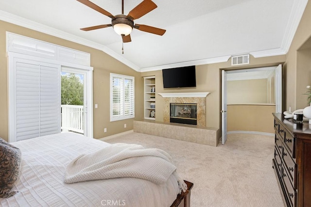bedroom featuring visible vents, baseboards, lofted ceiling, access to outside, and light carpet