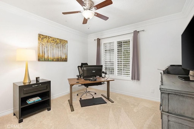 office area featuring carpet floors, ornamental molding, baseboards, and ceiling fan