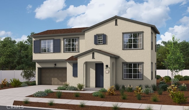 traditional-style house featuring fence, driveway, stucco siding, and a garage