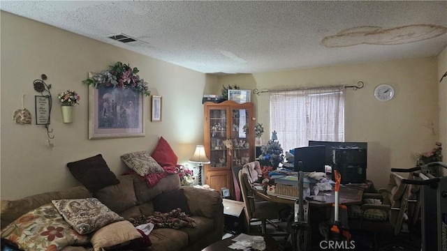 living area featuring a textured ceiling and visible vents