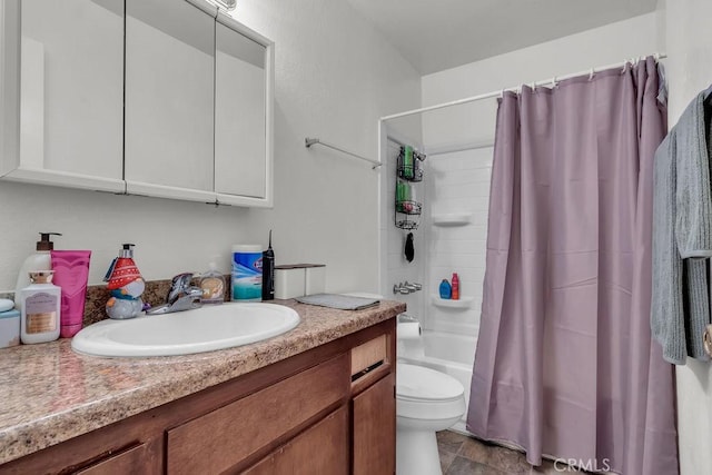 bathroom with toilet, shower / bathtub combination with curtain, and vanity