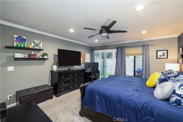 bedroom with ornamental molding, access to exterior, ceiling fan, recessed lighting, and carpet