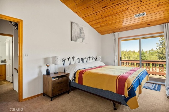 32991 Canyon Dr, Green Valley Lake, CA 92341 - bedroom with carpet, access to exterior, vaulted ceiling, and wooden ceiling