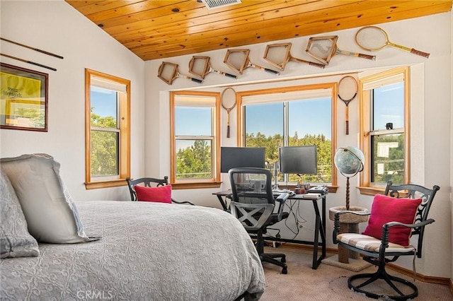 32991 Canyon Dr, Green Valley Lake, CA 92341 - bedroom featuring wood ceiling, baseboards, lofted ceiling, and carpet floors