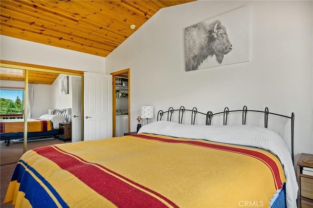 32991 Canyon Dr, Green Valley Lake, CA 92341 - bedroom with lofted ceiling, a closet, and wooden ceiling