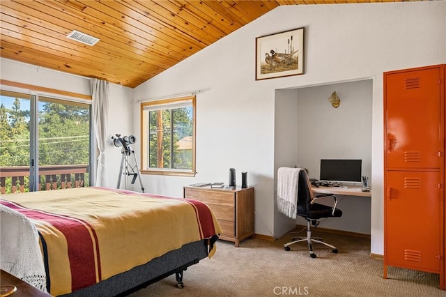 32991 Canyon Dr, Green Valley Lake, CA 92341 - bedroom featuring wooden ceiling, visible vents, vaulted ceiling, baseboards, and light colored carpet