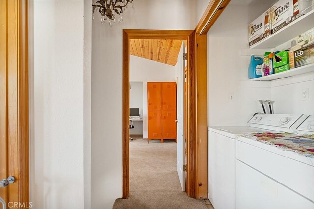 32991 Canyon Dr, Green Valley Lake, CA 92341 - laundry area featuring light colored carpet, washer and clothes dryer, and wooden ceiling